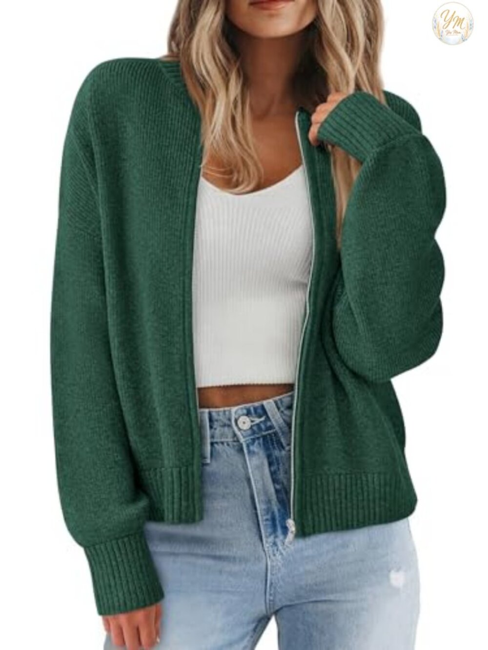 Women's Chunky Knit Zipper Cardigan Open Front Cropped Warm Fall Sweater